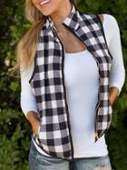 Shein Black White Stand Collar Plaid Vest