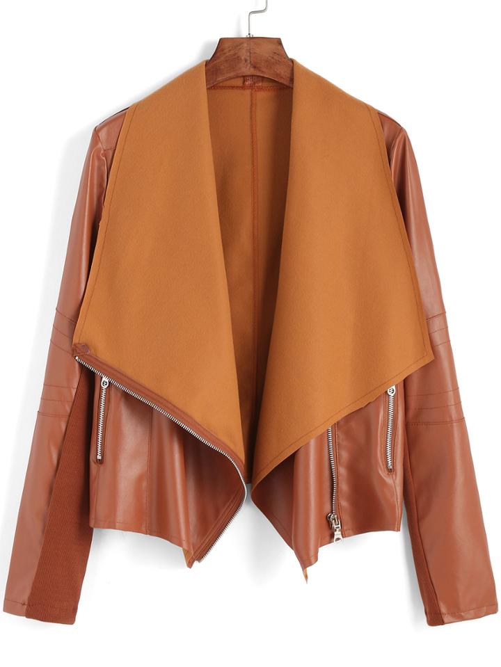 Shein Khaki Lapel Oblique Zipper Crop Jacket