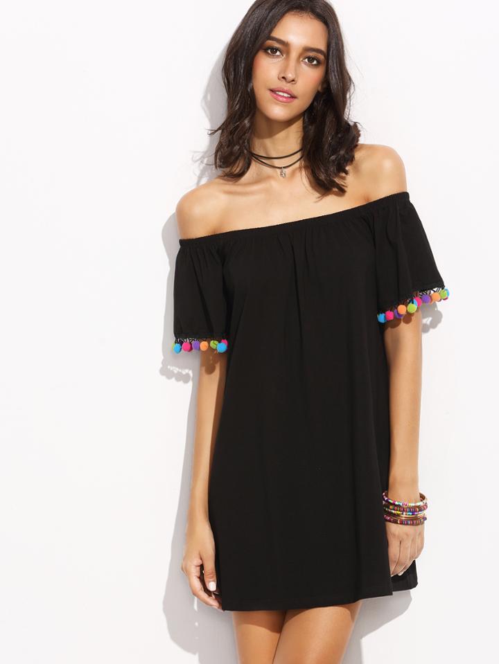 Shein Bardot Pom Pom Trim Dress