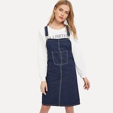 Shein Pocket Front Solid Denim Pinafore Dress