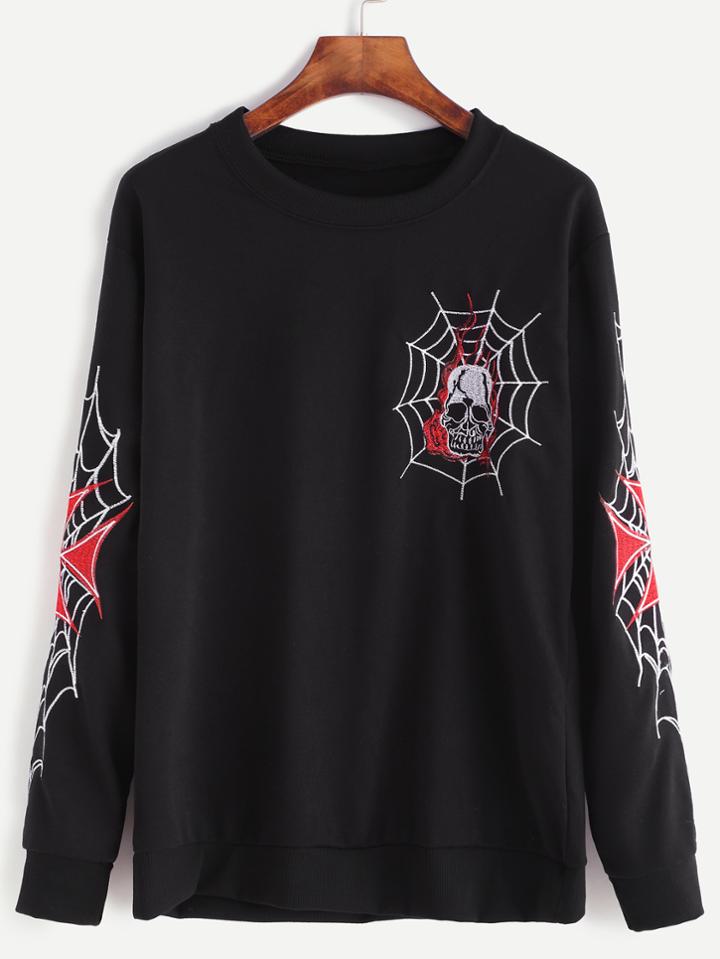 Shein Black Cobweb Skull Embroidered Sweatshirt