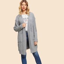 Shein Solid Fringe Cable Knit Cardigan