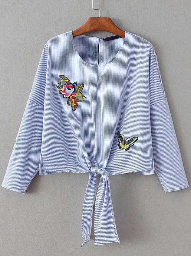 Shein Blue Vertical Striped Embroidery Detail Knotted Blouse