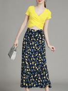 Shein Yellow V Neck Backless Top With Print Skirt