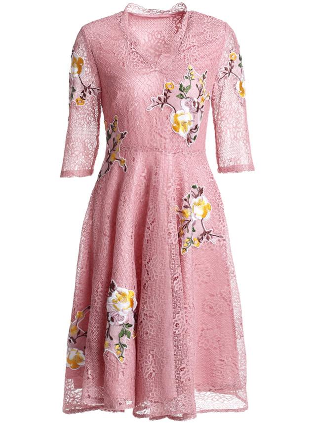 Shein V Neck Flowers Applique Pouf Lace Dress