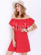 Shein Red Off The Shoulder Frills Wrinkle Ruffle Dress