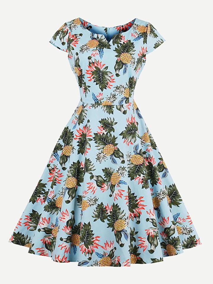 Shein Random Pineapple Print V Cut Swing Dress