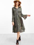 Shein Vintage Print Bell Sleeve Shirt Dress