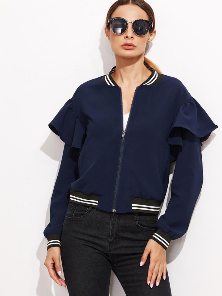 Shein Navy Striped Trim Ruffle Bomber Jacket