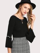 Shein Flounce Sleeve Faux Pearl Detail Ribbed Blouse