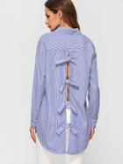 Shein Blue Striped Bow Embellished Split Back High Low Blouse