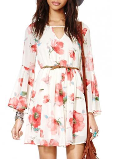 Rosewe Chic Hollow Design Flower Print Long Sleeve Dress