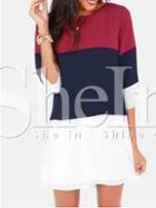 Shein Red White Half Sleeve Color Block Dress