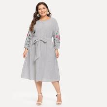 Shein Plus Drop Shoulder Botanical Print Striped Dress