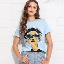Shein Ruffle Cuff Figure Print Tee