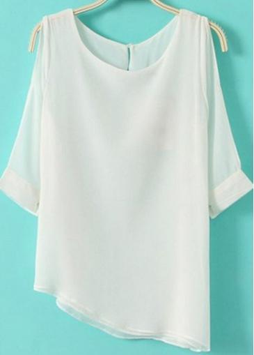 Rosewe Laconic Round Neck Cutout Shoulder White T Shirt