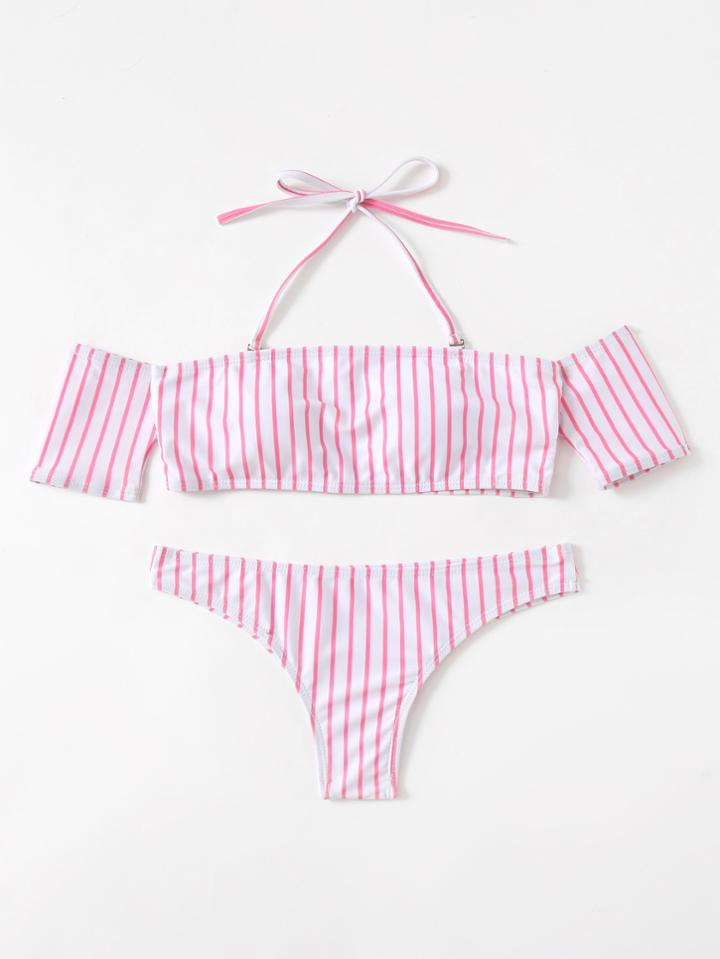 Shein Striped Off The Shoulder Bikini Set With Detachable Strap