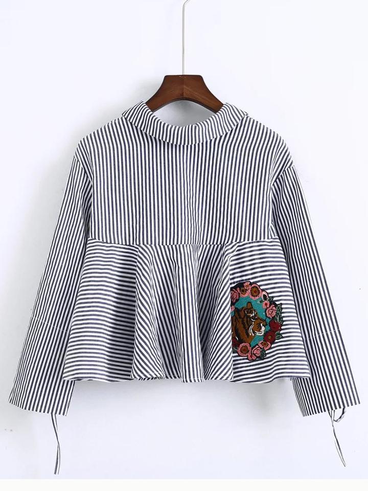 Shein Blue Striped Split Sleeve Embroidered Tie Back Blouse