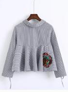 Shein Blue Striped Split Sleeve Embroidered Tie Back Blouse