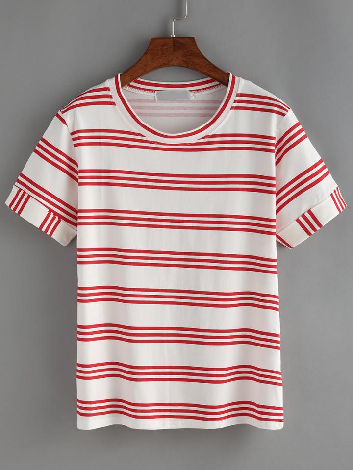 Shein Red Strip Roll Sleeve T-shirt