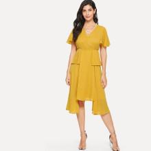 Shein Flutter Sleeve Pleated Panel Asymmetrical Hem Dress