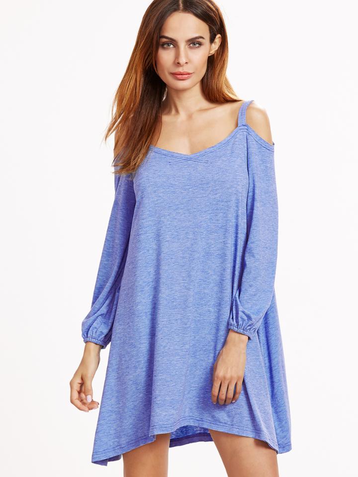 Shein Blue Marled Cold Shoulder Lantern Sleeve Swing Dress