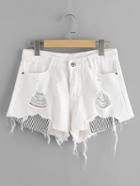 Shein Ripped Frayed Hem Denim Shorts With Contrast Stripe Pockets