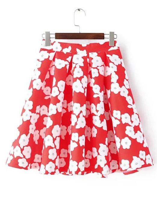 Shein Red Flower Print Flare Skirt