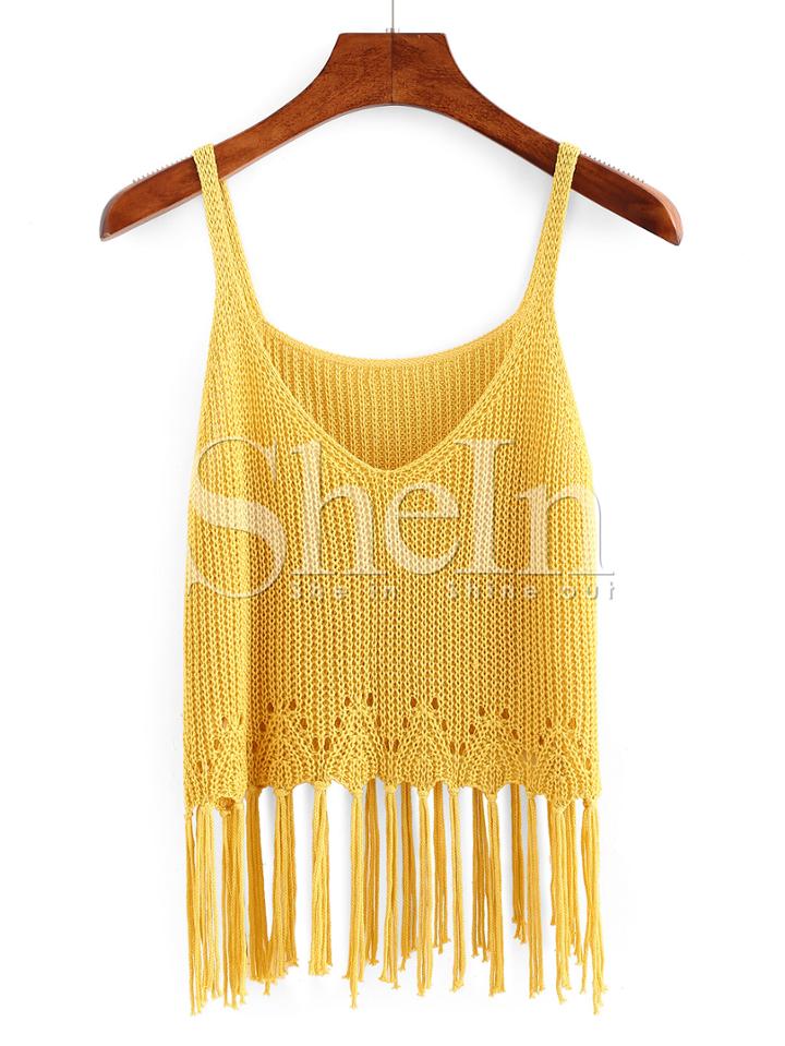 Shein Yellow Scoop Neck Tassel Tank Top