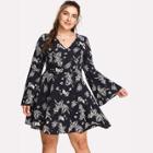 Shein Plus Trumpet Sleeve Tropical Leaf Print Dress