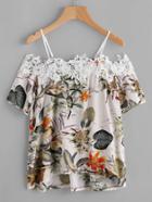 Shein Open Shoulder Tropical Print Lace Trim Top