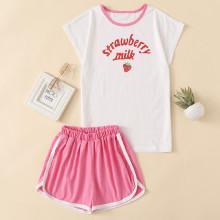 Shein Strawberry Print Top & Dolphin Hem Shorts Set