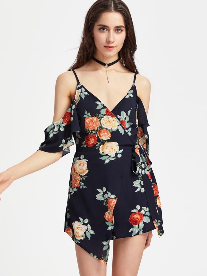 Shein Drape Cold Shoulder V Back Wrap Playsuit