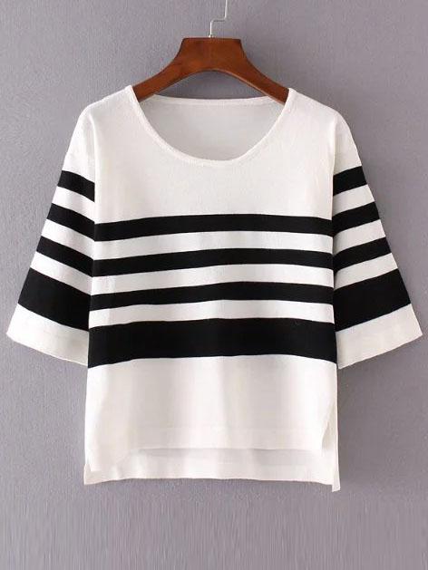 Shein White Contrast Striped Dip Hem Knitwear