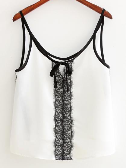 Shein White Tie Neck Bow Lace Trim Spaghetti Strap Tank Top