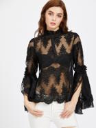 Shein Split Bell Sleeve Embroidered Mesh Top