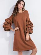 Shein Brown Tiered Bell Sleeve Shift Dress