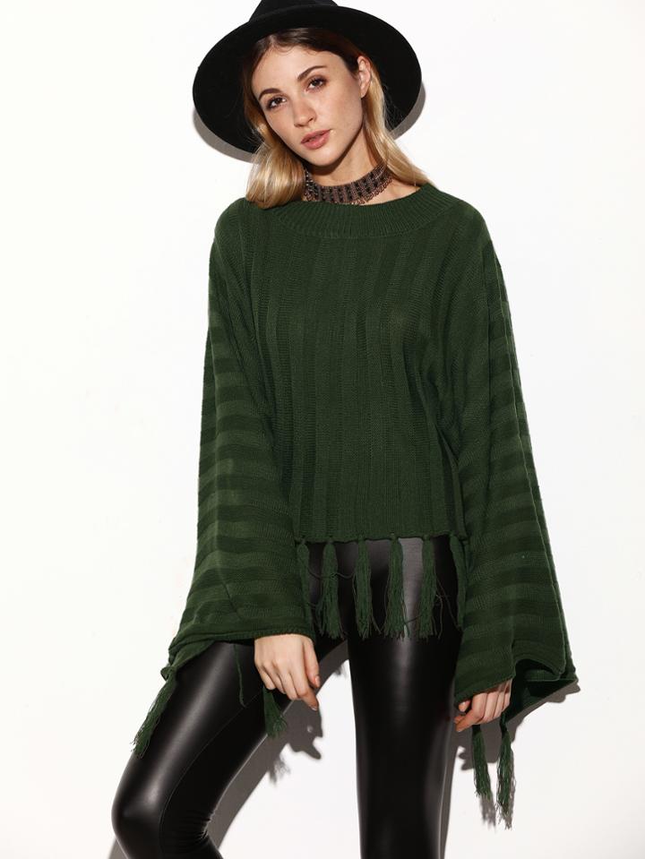 Shein Army Green Raglan Sleeve Fringe Hem Loose Sweater
