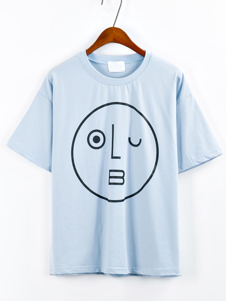 Shein Wink Emoticons Print Drop Sleeve T-shirt - Blue