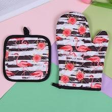 Shein Flamingo Print Oven Glove 1pc & 1pc Pad