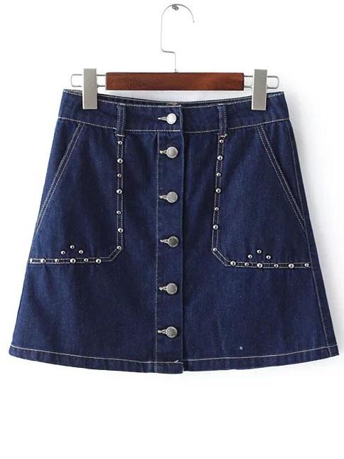 Shein Blue Studded Single Breasted A-line Skirt
