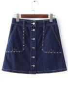 Shein Blue Studded Single Breasted A-line Skirt