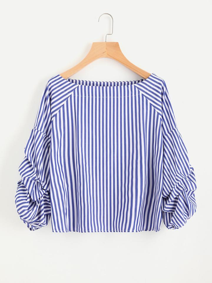 Shein Contrast Striped Ruched Sleeve Blouse