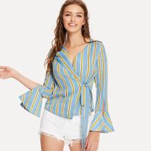 Shein Split Sleeve Striped Wrap Blouse