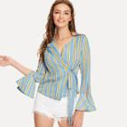 Shein Split Sleeve Striped Wrap Blouse