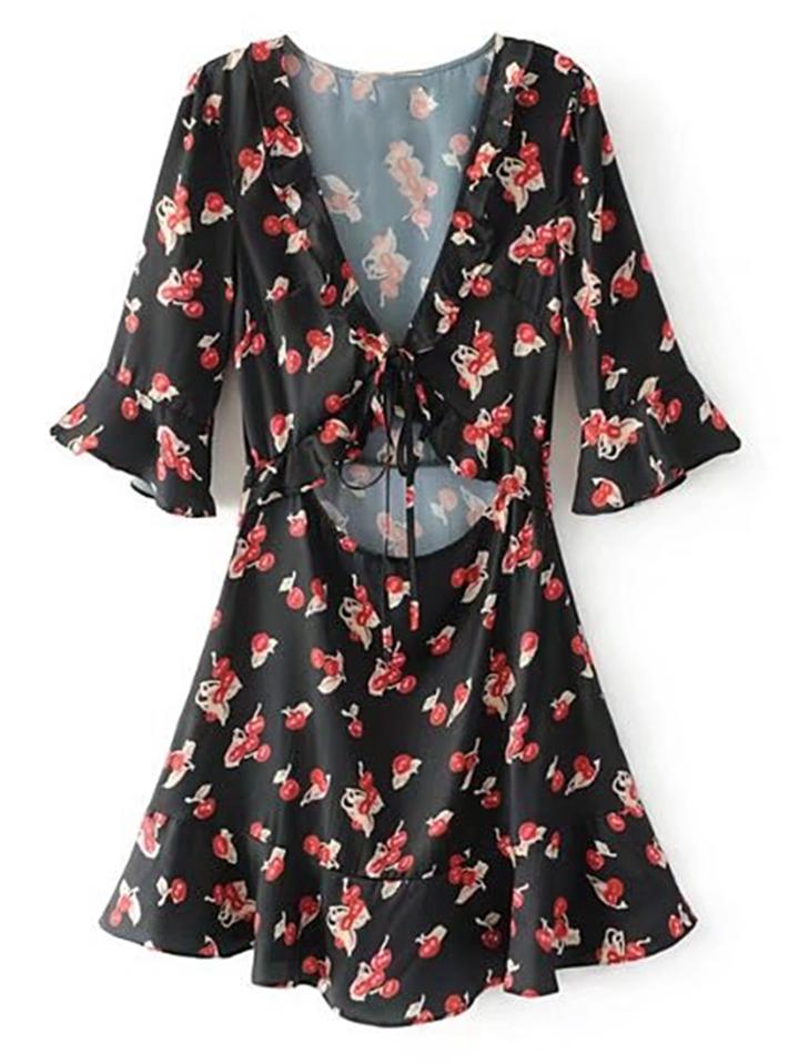 Shein Plunging V-neckline Lace Up Front Ruffle Dress