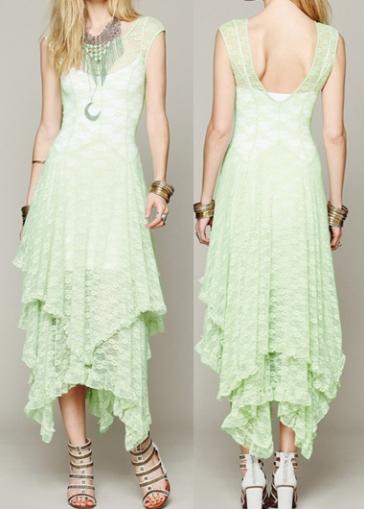 Rosewe Light Green High Waist Asymmetric Lace Dress