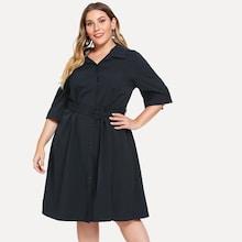 Shein Plus V Neck Solid Belted Dress