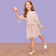 Shein Girls Sequin & Tassel Trim Belted Dress