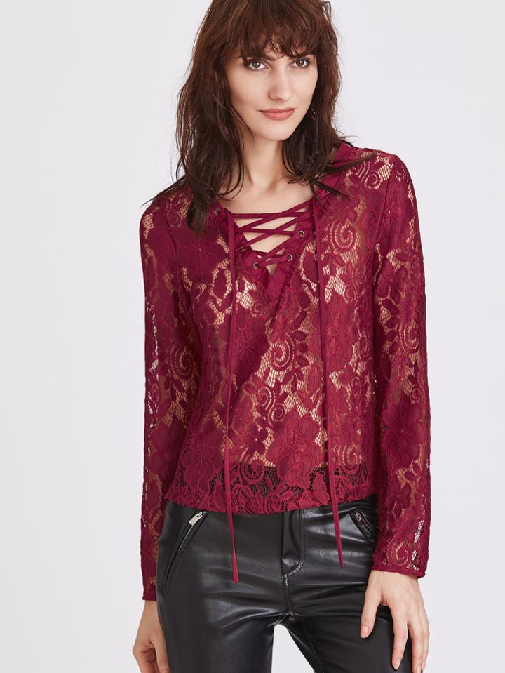 Shein Eyelet Lace Up V Neck Hollow Out Blouse